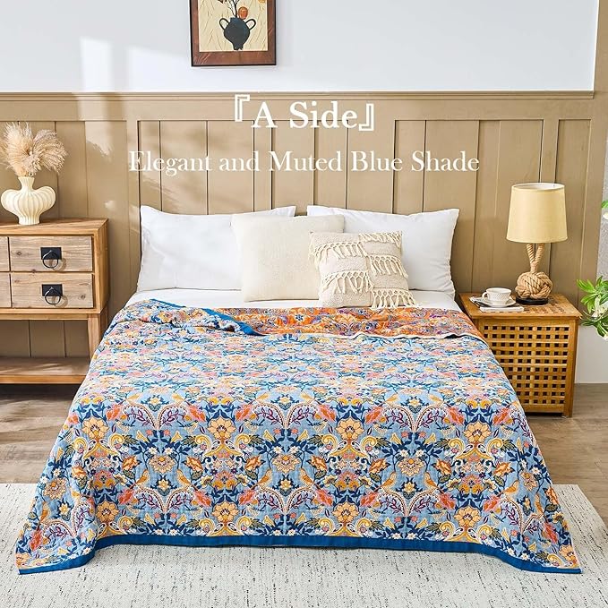 Blue Orange Fall Blanket 90"x 98" Boho Throw Blankets for Couch Bed Chair, 100% Cotton Quilts Warm Soft Blanket Muslin Bed Blankets Home Decor Farmhouse Warm Throws Gifts for Women Mom