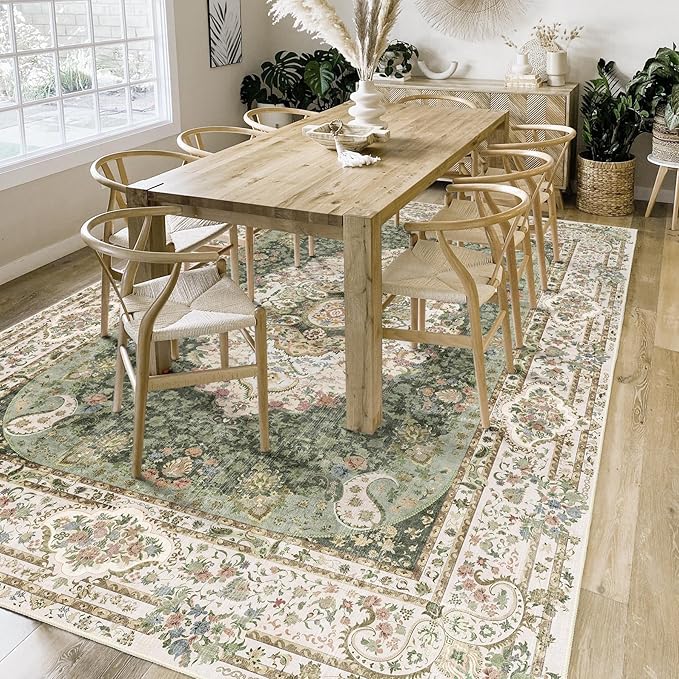 Casrage 6x9 Area Rugs Washable,Green Rug for Living Room Bedroom Kitchen,Large Boho Vintage Bohemian Distressed Carpet Non Slip,Floral