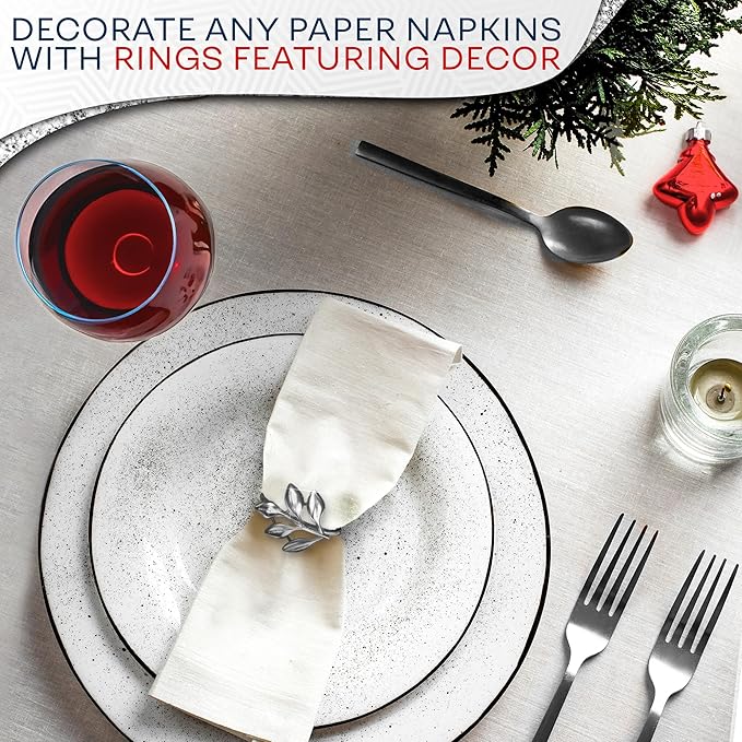 Set of 20 Silver Valentine Napkin Rings - Decorative Silver Napkin Rings Set | Napkin Ring Holders with Elegant Leaf Design for Weddings, Parties & Special Occasions, Romantic Valentine Table Decor