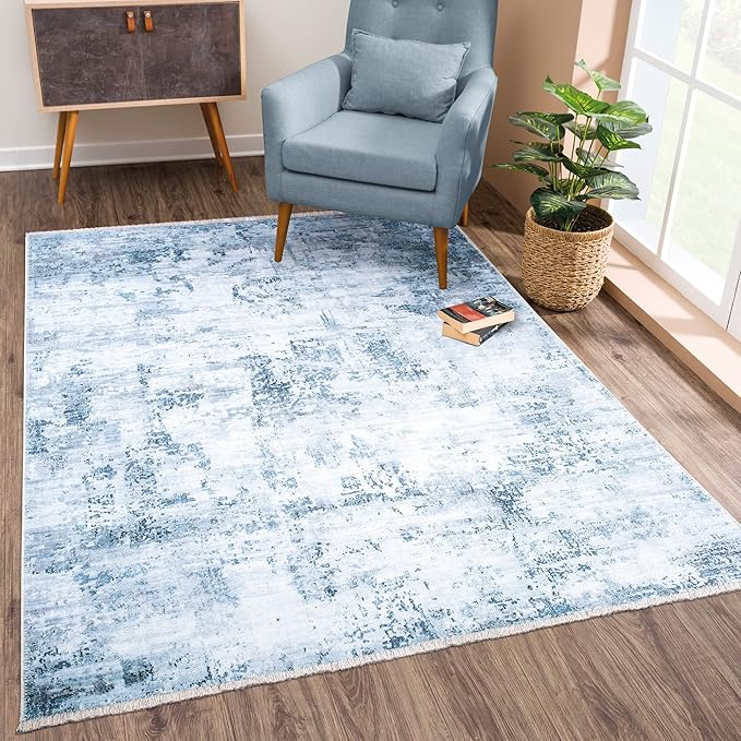 Bloom Rugs Caria Washable Non-Slip 6x9 Rug - Blue/Gray Modern Abstract Area Rug for Living Room, Bedroom, Dining Room, and Kitchen - Exact Size: 6' x 9'