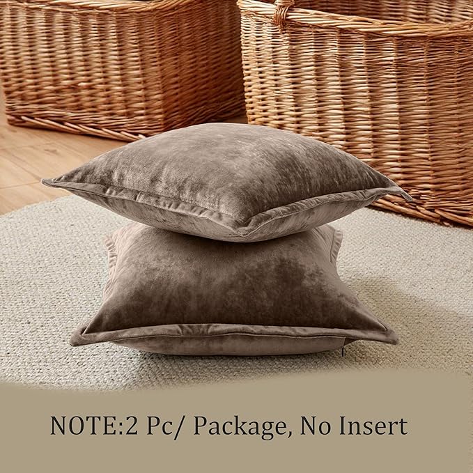 Velvet Pillow Covers 2 Pack Soft 26x26 Pillow Covers Solid Square Euro Shams Decorative Couch Pillow Cases with Wide Border for Sofa Bed Home Decor,Brown