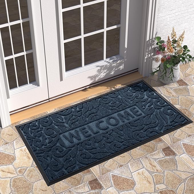 Yimobra Large Welcome Mat 47x24, Waterproof Non-Slip Outdoor Mats for Front Door Outside Entrance, Low-Profile Entryway Mat Indoor for Garage Patio, Blue