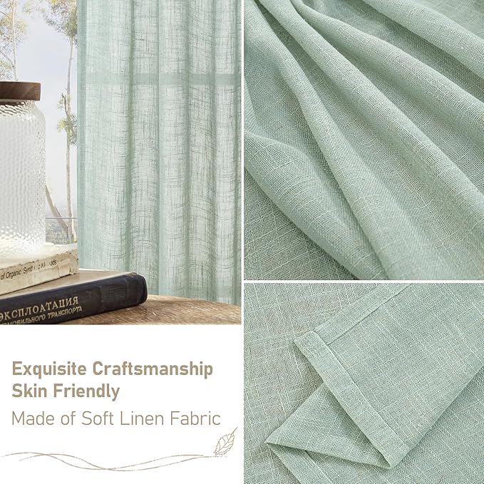 LAMIT Short Window Linen Curtains 36 Inch Length 2 Panels, Light Sage Light Filtering Panels Back Tab and Rod Pocket Neutral Drapes for Bathroom/Loft Room, 34 x 36 Inch