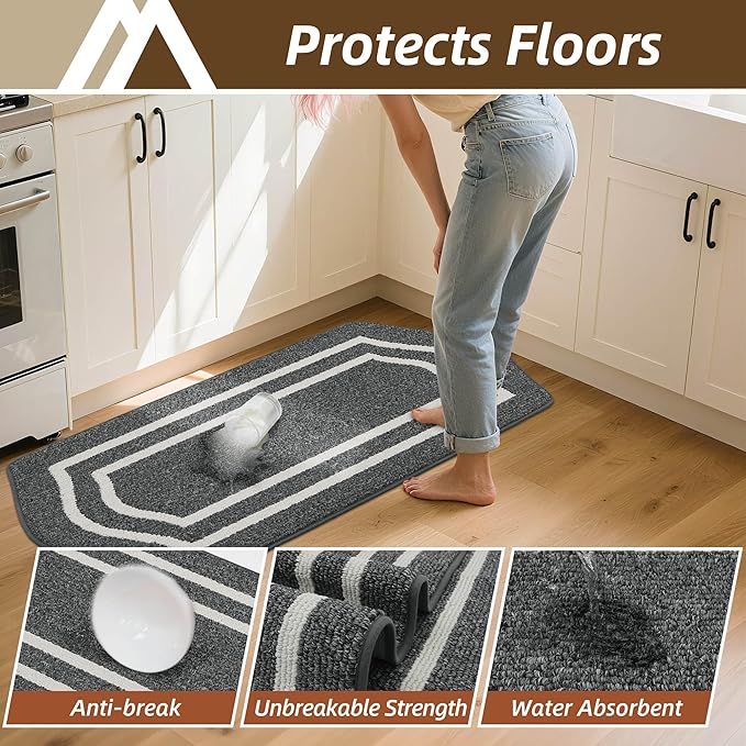 COSY HOMEER Long Kitchen Floor Mats for in Front of Sink Super Absorbent Kitchen Rugs and Mats 24"x48"+24"x59"Non-Skid Kitchen Mat Standing Mat Washable,Polypropylene,Dark Grey,Frame