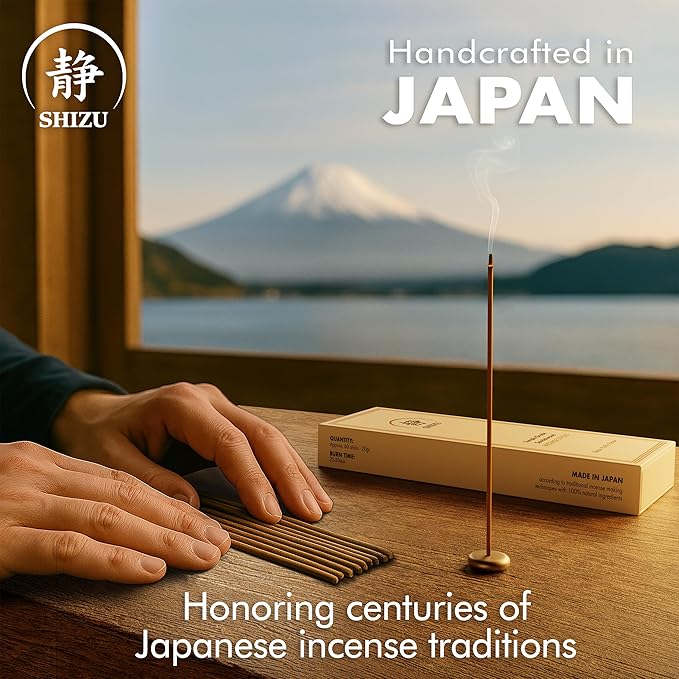 Shizu Sandalwood Incense Sticks – Temple Grade Japanese Incense with Brass Holder – Calming Scent for Relaxation, Meditation & Home Spa, Elegant Gift Set (60 Sticks)