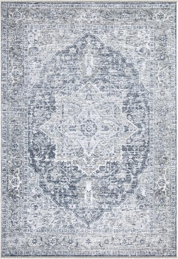 Bloom Rugs Washable Non-Slip 2x3 Rug - Gray/Dark Blue Traditional Oriental Area Rug for Living Room, Bedroom, Dining Room, and Kitchen - Exact Size: 2' x 3'