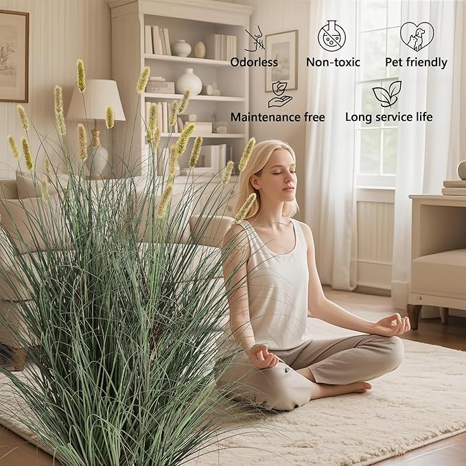 3ft Onion Grass, Extra Lush Artificial Plant and Greenery, Fake Floor Plants Indoor Outdoor, Potted Faux Green Bristlegrass with Yellow Spikes, Horsetail Reed Grass, House Decorative