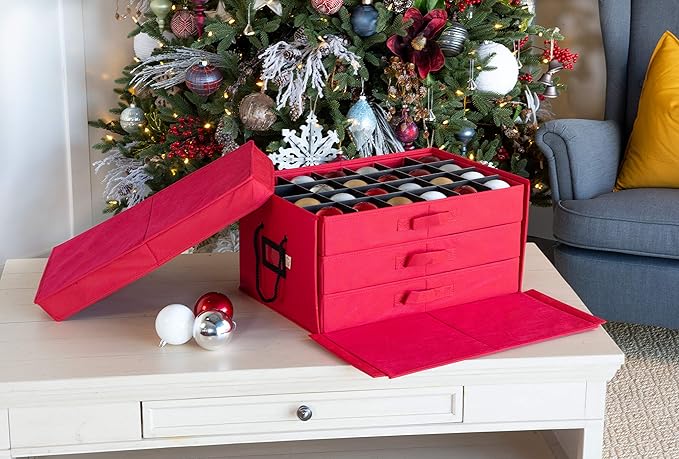 Santa's Bags [Christmas Ornament Storage Box with Dividers] - (Holds 72 Ornaments up to 3 Inches in Diameter) | Acid-Free Removable Trays with Separators | 3 Removable Drawer Style Trays