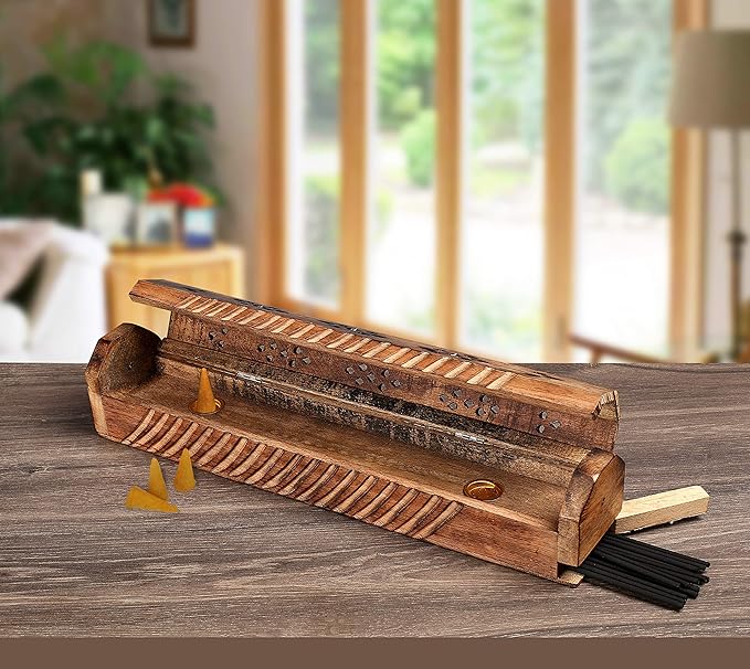 The Wooden Town Hand-Carved Coffin Incense Stick & Cone Burner Holder with Storage – Ash Catcher Stand, Burnt Finish – 12"x2.25"x2.75", Wooden Incense Holder for Sticks & Cones