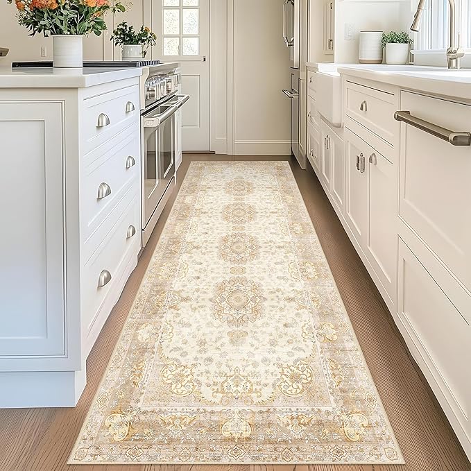 Washable Runner Rug 2'x8',Boho Rug Runners Non Slip,Long Rugs for Hallways Kitchen Bathroom Bedroom Entryway,Vintage Bohemian Distressed Floor Carpet,Beige Gold Floral