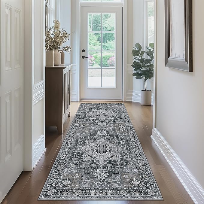 GENIMO 2x12 Runner Rugs for Hallway, Machine Washable Non Slip Vintage Rugs, Low Pile Lightweight Soft Print Rug for enrtyway, Corridor, Home Office, Kitchen,Dark Gray