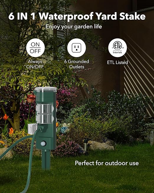 HBN Outdoor Power Strip Timer with Photocell, Countdown Yard Stake(2, 4, 6, 8 Hour),Outside Lights Timer Dusk to Dawn,Weatherproof Extension Cord for Halloween/Christmas Decoration Lights, 6 Outlets