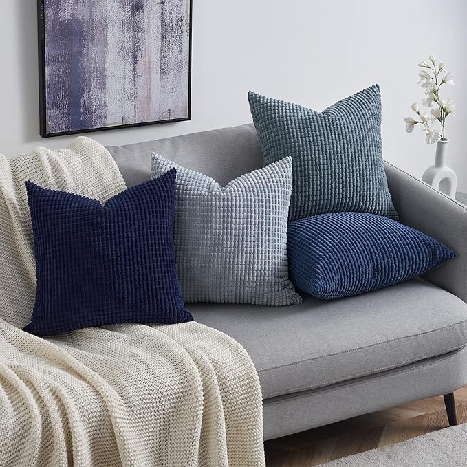 Topfinel Summer Throw Pillow Covers 20x20 Inch Set of 4,Blue Corduroy Decorative Cushion Cover,Modern Unique Pillow for Couch,Sofa,Living Room,Dark Blue Big European Pillow Shams
