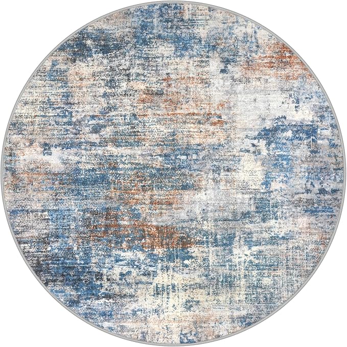 IOHOUZE Abstract Round Area Rug 6 Ft Washable Circle Rugs Large Round Rug Non Slip Thin Soft Circle Rugs, Printed Faux Wool Floor Carpet for Bedroom Living Room Dining Room Nursery, Blue Rust