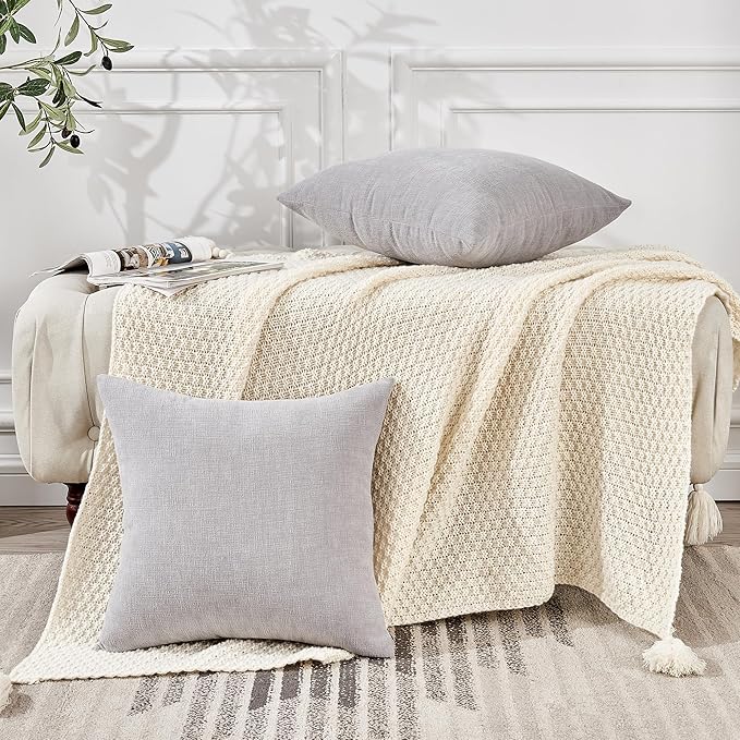 GAWAMAY Decorative Square Throw Pillow Covers 22"x22" Inch Set of 2, Super Soft Chenille Pillows Farmhouse Fall Pillowcase for Living Room Bedroom Sofa Couch Cushion Cover Light Grey 55x55cm