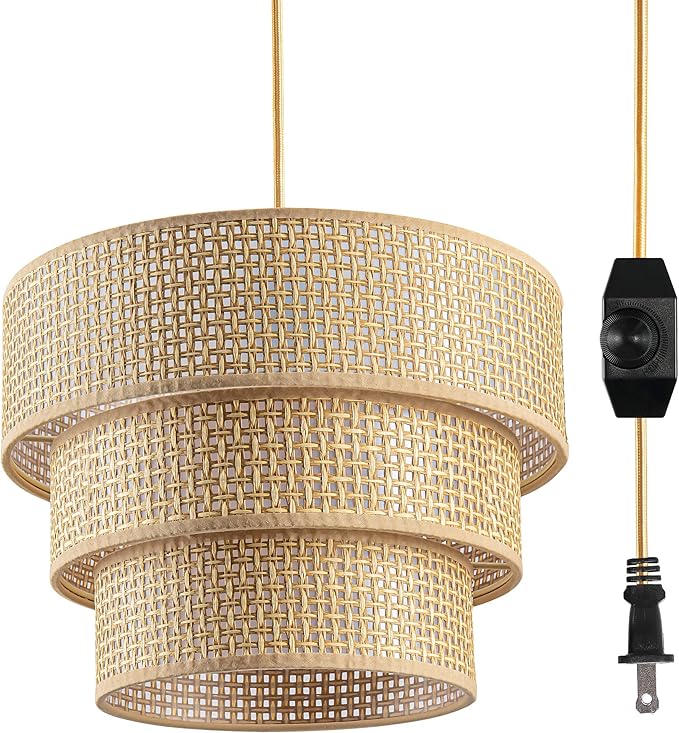 Plug in Pendant Light, Hanging Lamp with Dimmable Switch, Rattan Pendant Light Fixtures with 15 Ft Cord, Boho Lamp with Dark Yellow Shade for Bedroom, Kitchen, Living Room