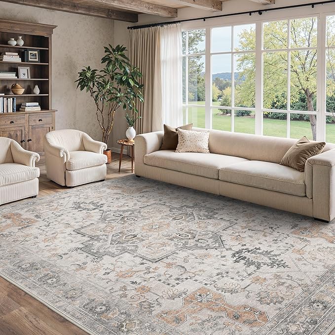 10x14 Area Rugs for Living Room, Non Slip Machine Washable Vintage Rugs, Low Pile Lightweight Print Large Rug for Bedroom, Dining Room, Home Office, Light Taupe Brown