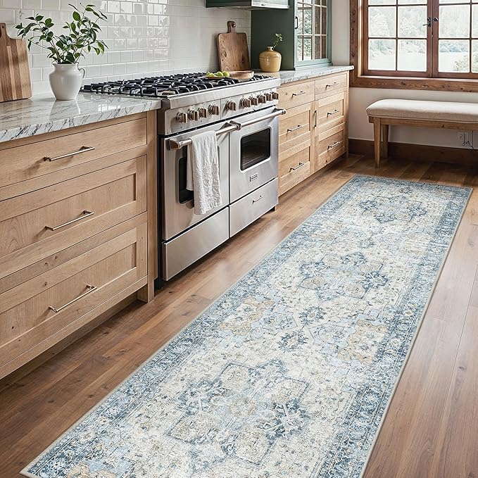Runner Rug 2'6''x8, Non Slip Vintage Hallway Runner Rugs, Low Pile Lightweight Machine Washable Mat for Hallway, Entryway, Bedroom, Kitchen and Corridor, Blue