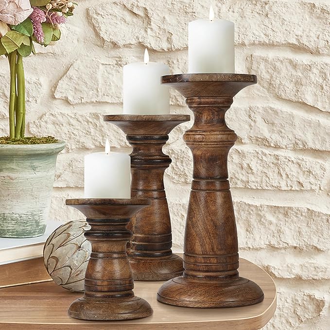 Hand Crafted Wooden Pillar Candle Holders Set of 3, Ideal for LED and Pillar Candles, Gifts for Wedding, Christmas, Party, Home, Spa, Reiki, Aromatherapy, Votive Candle Gardens - 10, 8, 6 Inch - Burnt