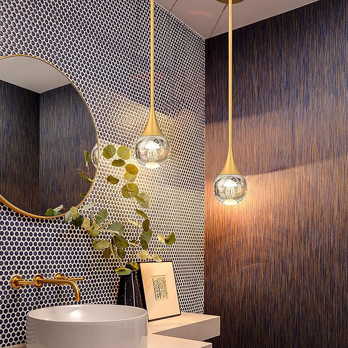 3-Pendant Lights Kitchen Island, Painted Gold Globe Crystal Ceiling Hanging Light Fxitures, LED Light Fixtures Metal Rod Ceiling Glass Pendant Lighting for Kitchen Island Dining Room Bar