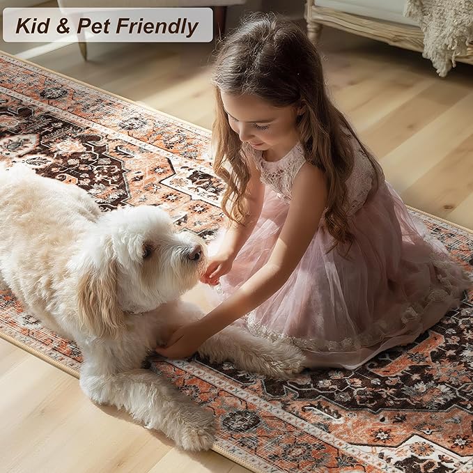 XWZO Runner Rug 2x10ft for Long Hallways, Washable Non-Slip Low Pile Area Rug with Rubber Backing, Spill Resistant Soft Vintage Floor Carpet for Kitchen Entryway Stair Landing Living Room, Brick Red