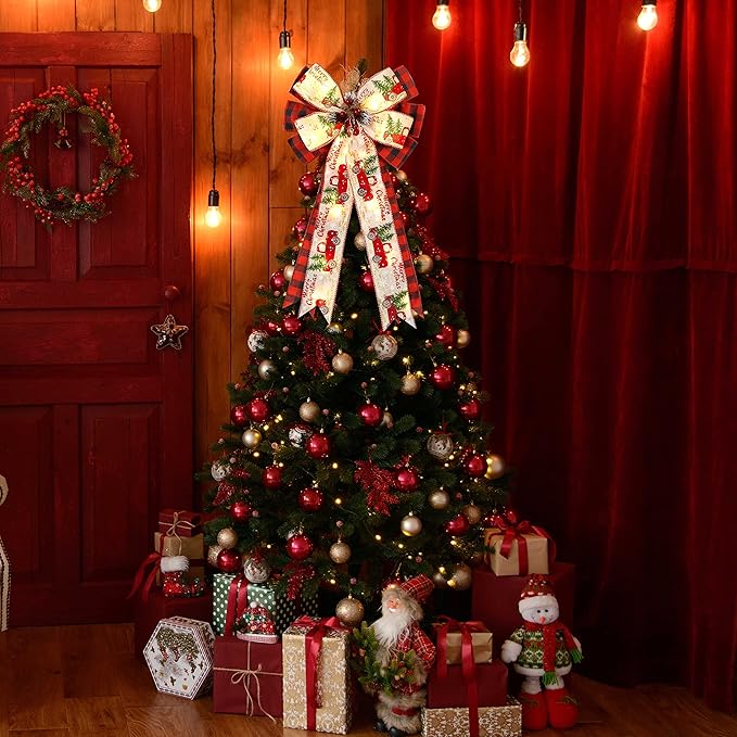 Christmas Tree Topper Bow with 30 LED Lights Decorations, 13”x25” Xmas Large Red Black Buffalo Plaid Rustic Farmhouse Wreath Bows with Truck Berries Pine Cones Pine Needles for Front Door Outdoor