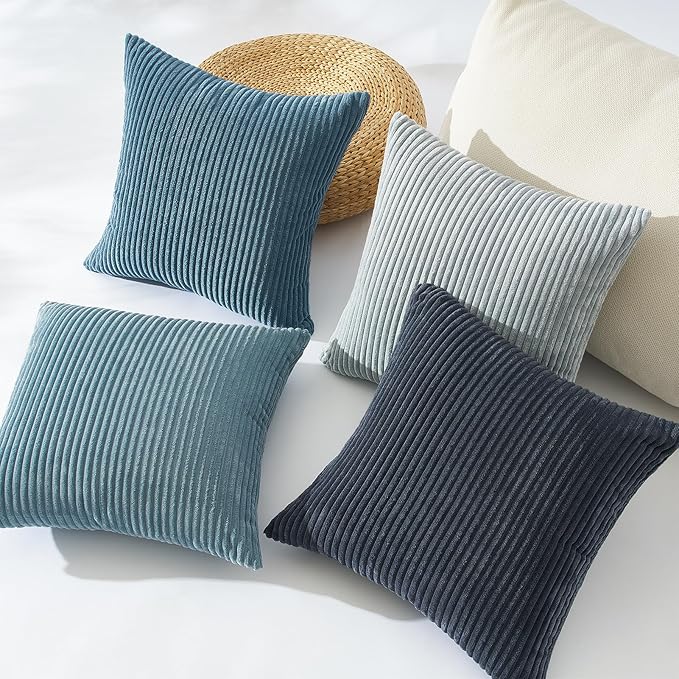 Topfinel Decorative Throw Pillow Covers Aque Teal Blue Gray Series,Summer Corduroy Striped Toss Pillows for Couch,Patio,Balcony,Children Bedroom,Modern Fluffy Blue Gradient Shams 20x20 Inch Set of 4