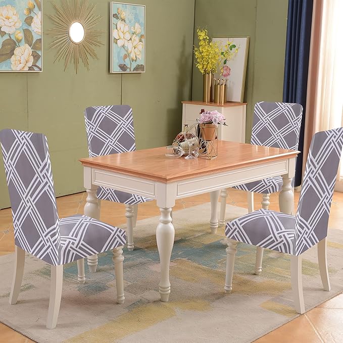 Sufdari Dining Chair Covers,Kitchen Chair Cover,Parsons Chair Slipcover,Spandex Chair Protectors for Dining Room Stretch Chairs Cover Set of 4 -Gray Diamond