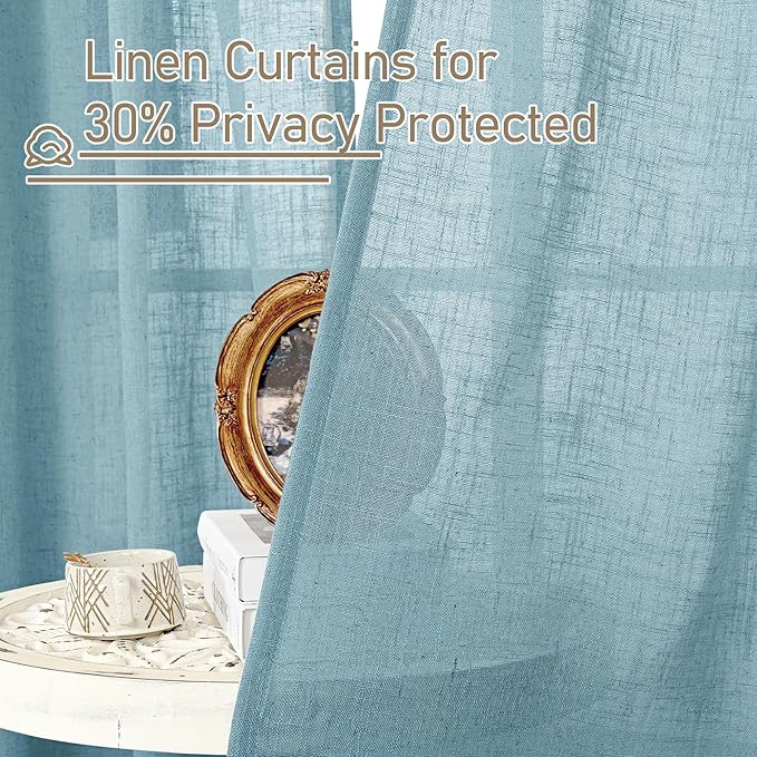 LAMIT Sheer Linen Curtains 63 Inch for Bedroom, Light Filtering Country Decor Semi Sheer Farmhouse Boho Curtains Back Tab and Rod Pocket Living Room Panels, Stone Blue, 2 Panels, 52 x 63 Inch