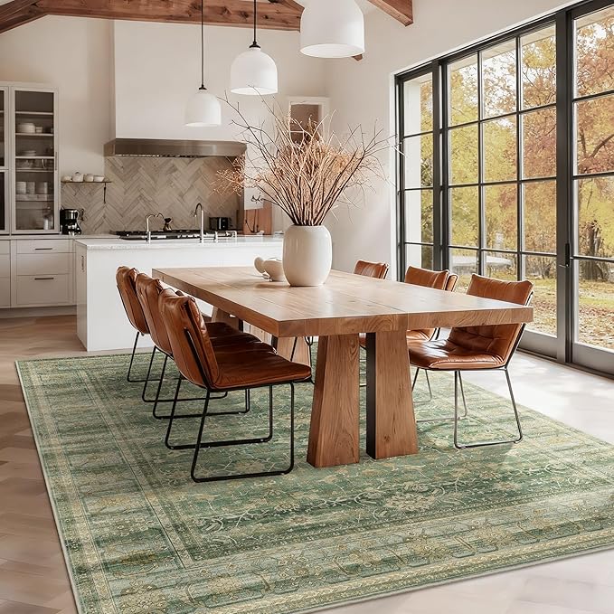HelloTree Washable Rugs 8x10 Area Rug for Living Room, Vintage Boho Green Rug Non Slip Carpet Retro Accent Indoor Mat Print Distressed Low Pile Throw Large Rug for Office Dining Room Bedside-Green