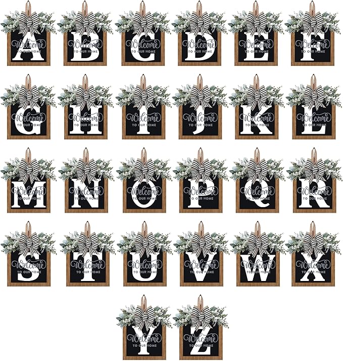 14’’ Last Name All Year Round Front Door Wreath, 26 Letter Welcome Sign Door Wreaths for Front Door Outside, Welcome Garland and Eucalyptus and Bow Suitable for All Seasons for Outdoor Decoration (J)