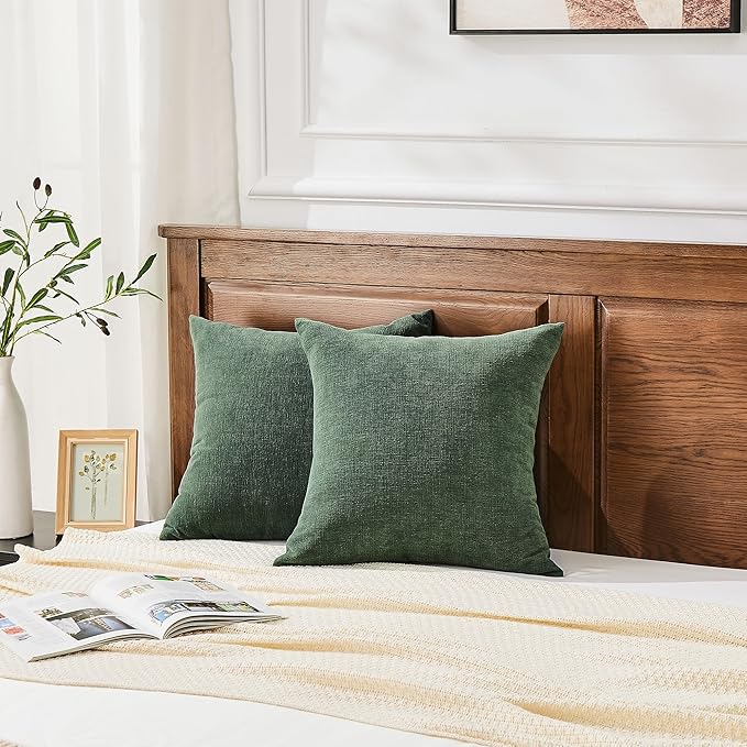 GAWAMAY Decorative Square Throw Pillow Covers 22"x22" Inch Set of 2, Super Soft Chenille Pillows Farmhouse Pillowcase for Living Room Bedroom Sofa Couch Cushion Cover Dark Green 55x55cm (No Insert)