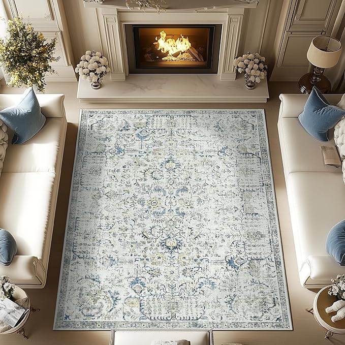 jinchan Kalen Area Rug 9x12 Washable Living Room Rug Vintage Indoor Large Floor Cover Retro Distressed Floral Country Boho Lightweight Non Slip Thin Carpet for Kitchen Bedroom Dining Room Office Blue