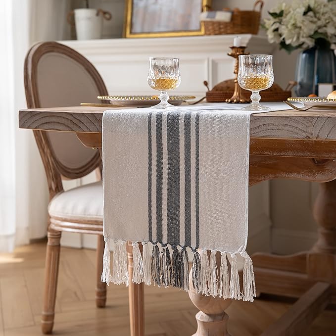 Boho Table Runner for Modern Farmhouse Decor, Dining Table décor 13 x 60 Inch Long with Handcrafted Tassels, Black and Beige Stripe Table Runner for Home Boho décor
