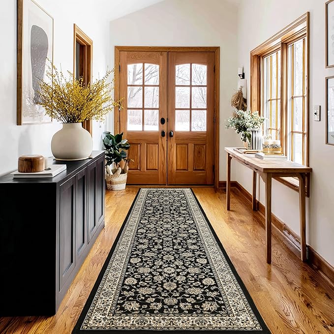 XWZO Washable Hallway Runner Rug 2x8ft — Non-Slip Low Pile Area Rug with Rubber Backing, Spill Resistant Soft Flower Floor Carpet Runner for Kitchen Entryway Doorway Bedroom Corridor, Black