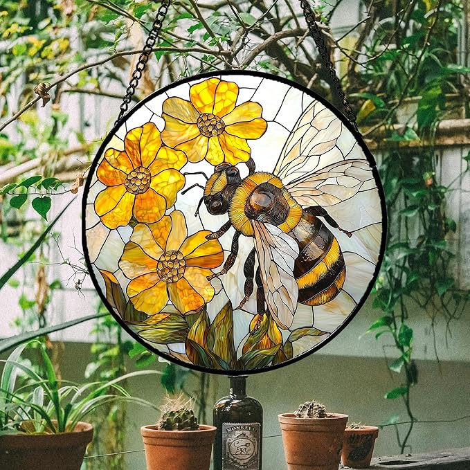Stained Glass Window Hanging - Yellow Bees Gathering Flowers Sun Catcher for Door Garden Home Decor Cute Suncatcher Christmas Mother's Day Birthday Gifts for Women Men Mom Nana 9.8 in