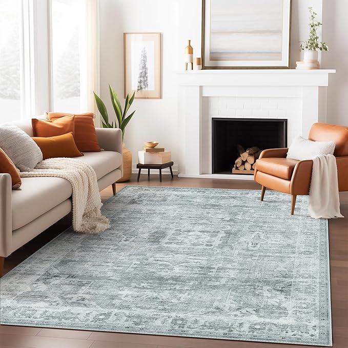 GENIMO Machine Washable 8x10 Area Rugs for Living Room, Non Slip Vintage Rugs, Low Pile Lightweight Chenille Print Rug for Bedroom, Dining Room, Home Office, Blue Gray