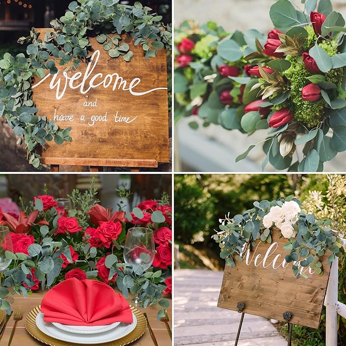 Sggvecsy 4 Pack Artificial Eucalyptus Garland Greenery Leaves Handmade 3D Silk Vines Silver Dollar Leaves Faux Leaf Plants for Wedding Wall Table Party Home Fireplace Bedroom Decor