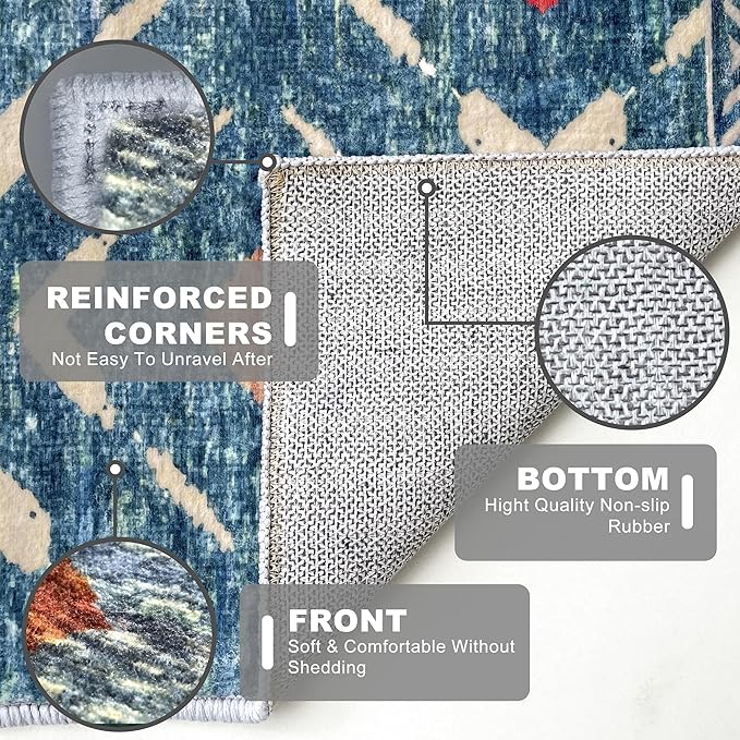 KILOCOCO Hallway Runner Rug 3x8 Runners for Hallways Washable Runner Soft Non Slip Printed Geometric Rubber Backed Low-Pile Rug Runners for Bedroom Kitchen Living Room Boho Rugs, Teal/Blue