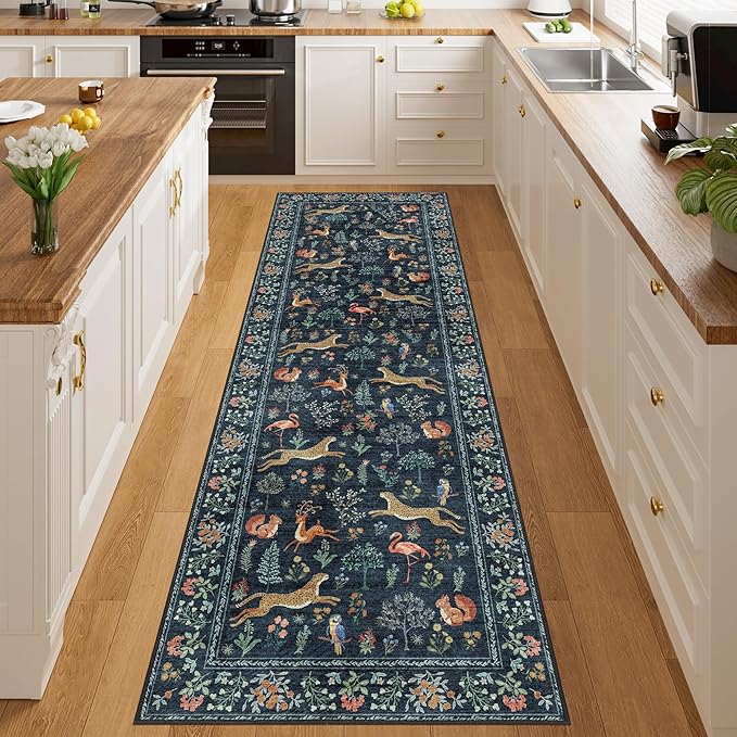 DUKINO 2x10 Rug for Hallway, Washable Kitchen Runner Rug with Non Slip Backing, Soft Low Pile Vintage Animal Runner for Bedroom, Kitchen, Hallway, Entryway, Laundry, Navy Blue