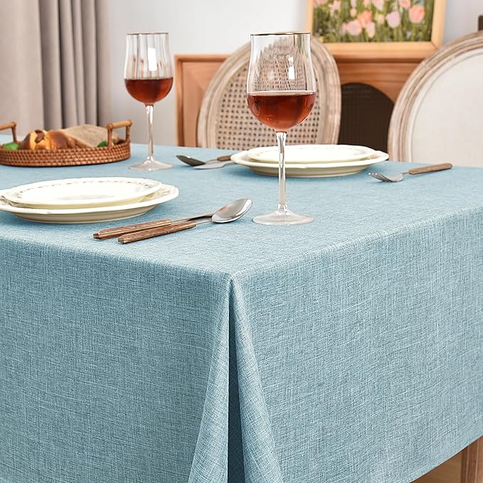 Fitable Faux Linen Table Clothes 2 Pack, Waterproof Fabric Tablecloths for Rectangle Tables, Rustic Holiday Table Covers for Kitchen Dining, Party, Farmhouse (Turquoise, 54 x 78 Inch)