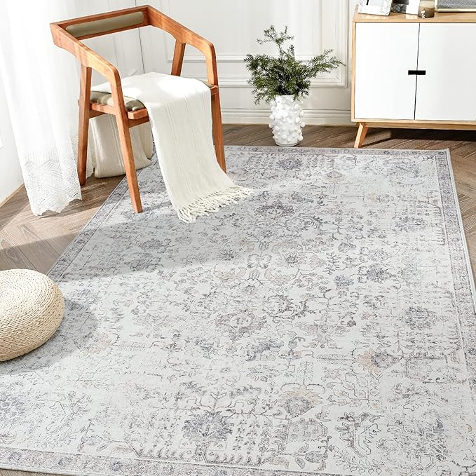 jinchan Kalen Area Rug 4x6 Washable Bedroom Rug Vintage Indoor Thin Floor Cover Retro Accent Mat Distressed Gray Floral Country Boho Non Slip Carpet for Living Room Kitchen Dining Room Office Grey