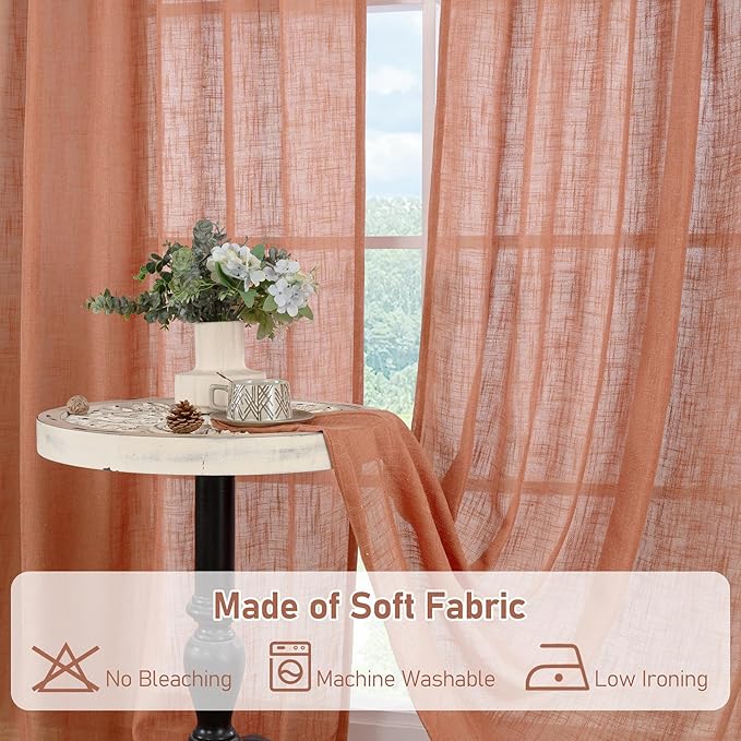 LAMIT Terracotta Linen Curtains 80 inch Length 2 Panels, Light Filtering Semi Sheer Panels Back Tab and Rod Pocket Neutral Drapes for Bedroom/Living Room, 34 x 80 Inch