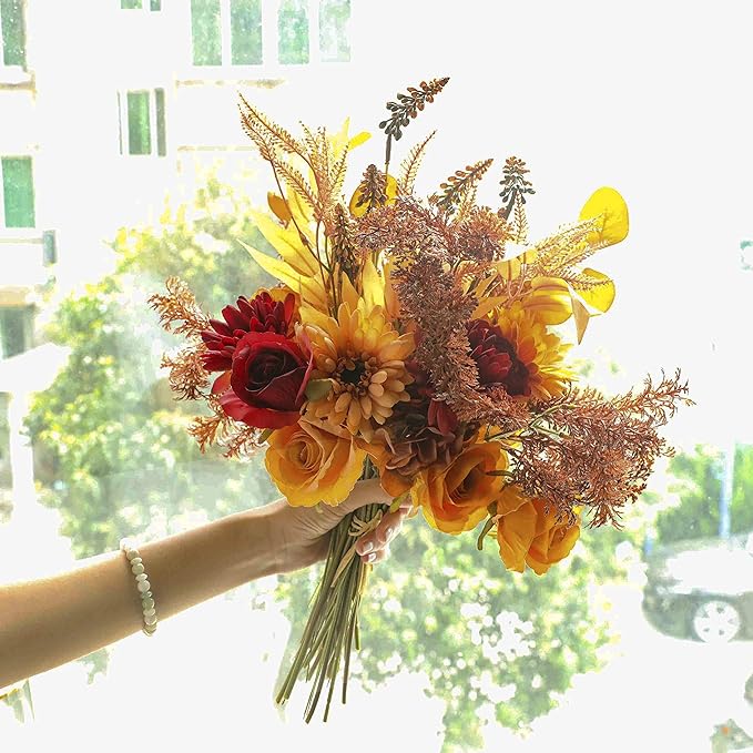 2pcs Boho Style Artificial Flower Bouquets,17 Inch Bohemian Style Fall Flower Wedding Bouquets for Bridal Bridesmaid,Rustic Home Décor Centerpiece(Orange Color Scheme)