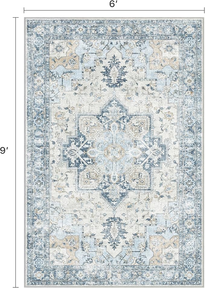 6x9 Area Rugs for Living Room, Machine Washable Rug, Non Slip Vintage Rugs, Low Pile Lightweight Print Rug for Bedroom, Dining Room, Home Office, Blue