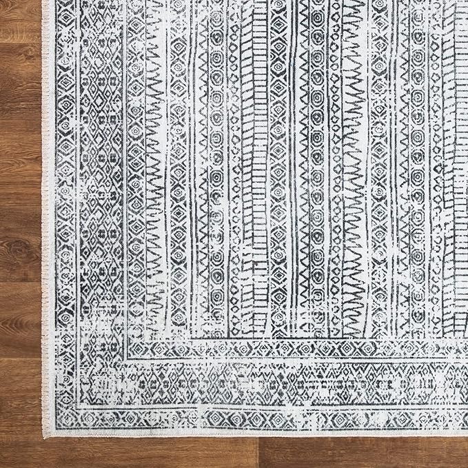 Bloom Rugs Caria Washable Non-Slip 12 ft Runner - Ivory/Black Geometric Runner for Entryway, Hallway, Bathroom, and Kitchen - Exact Size: 2'6" x 12'
