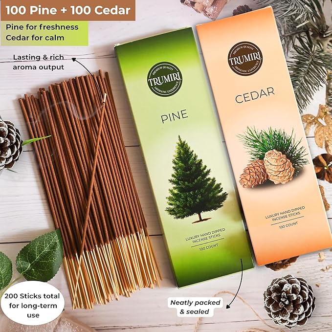 Cedar & Pine - Combo Pack of Incense Sticks - 100 Insence-Sticks of Each Scent - Total 200 Inscents - Natural Insense Made with Non Toxic Ingredients and Essential Oils