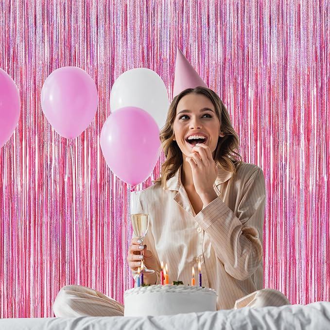 2 Pack Glitter Pink Backdrop, 3.28 FT x 7.05 FT Birthday Party Decorations, Laser Pink Fringe Curtains Foil Streamer Tinsel, Pink Curtains Photo Backdrop Happy Birthday Backdrop