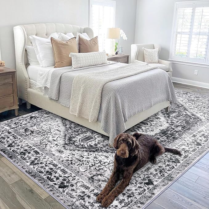 KOZYFLY Boho Area Rug 5x7 Ft Thin Rugs for Living Room Washable Bedroom Rug Non Slip Rugs for Living Room Printed Faux Wool Bedroom Rug Floor Carpet for Dining Room, Grey