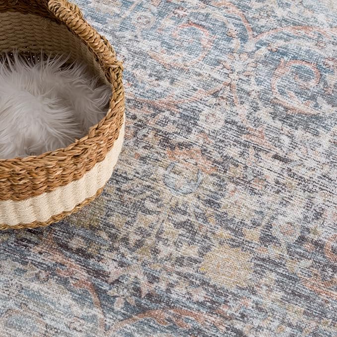 Bloom Rugs Caria Washable Non-Slip 9x12 Rug - Ocean Blue/Brick Traditional Area Rug for Living Room, Bedroom, Dining Room, and Kitchen - Exact Size: 9' x 12'